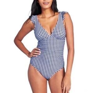 Kona Sol Navy Blue Gingham Checkered One Piece Swimsuit Ruffle Sleeve Small